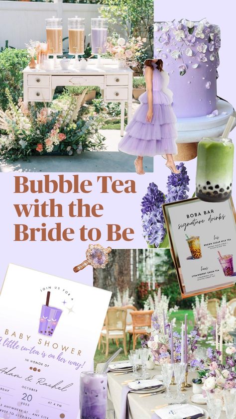 Bridal Shower Theme. Bubble Tea with the Bride to Be🥛🍵💜🌱 Bubble Tea Wedding, Tea Themed Bridal Shower Ideas, Tea With The Bride To Be, Strawberry Baby, Bachelorette Party Planning, Baby Shower Tea, Green Baby Shower, Bachelorette Themes, Bridal Shower Tea