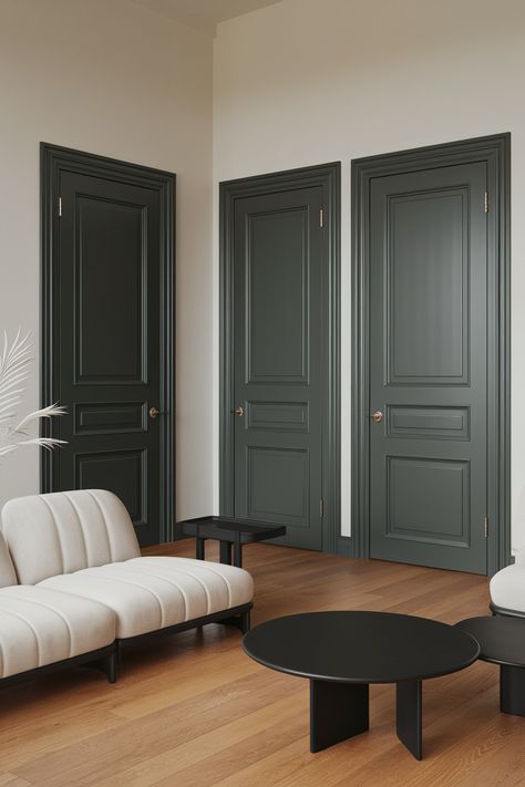 45 Interior Door Color Ideas You’ll Want To See Dark Green Doors Interior, Colored Doors Interior Hallways, White Walls Colored Doors, Colored Doors Interior, Interior Door Colors Ideas, Interior Door Paint Colors, Blue Interior Doors, Door Color Ideas, Interior Door Color