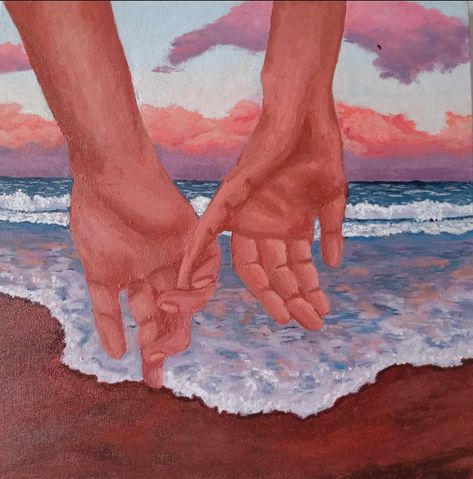 Holding Hands Art Paintings, Hand Print Art Couples, Holding Hands Painting Acrylic, Holding Hand Painting, Painting Of Hands Acrylic, Two Hands Painting, Hands Touching Painting, Holding Hands Painting, Holding Hands On The Beach