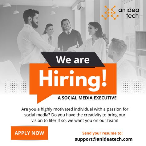 We’re Hiring! 🚀

Are you a creative go-getter who can bring fresh ideas to life? We're looking for a Social Media Executive to help us elevate our brand! If you're ready to make an impact, apply now! 💼

📩 Send your resume to support@anideatech.com
#Hiring #SocialMediaExecutive #JobOpening #JoinOurTeam #MarketingCareers #DigitalMarketing #CreativeJobs #SocialMediaCareers #NowHiring #CareerGrowth #JobOpportunity Social Media Executive, Creative Jobs, Make An Impact, We Are Hiring, Join Our Team, Go Getter, Career Growth, Job Opening, Job Opportunities