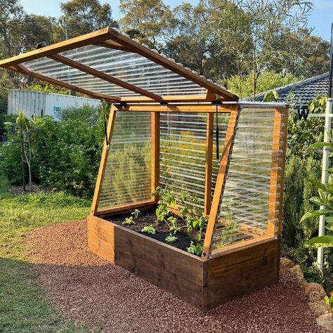 Garden Bed Greenhouse Small Greenhouse With Raised Beds, Garden Cover Ideas, Back Porch Greenhouse, Screened Greenhouse, Garden Design Greenhouse, Outside Greenhouse Ideas, Diy Backyard Greenhouse, Triangle Greenhouse, Greenhouse Organization Ideas