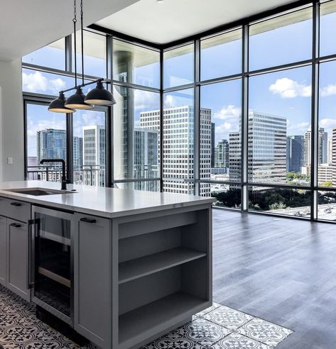 Glass Appartments, Expensive Apartment Aesthetic, American Apartment Interior, Condo Big Windows, Dallas Apartment Aesthetic, High Rise Apartment Aesthetic, Luxury High Rise Apartment, High Rise Apartment City View, Houston High Rise Apartment