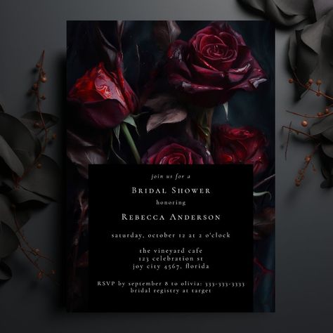 Dark Moody Black Gothic Red Roses Bridal Shower Invitation Gothic Reception, Gothic Bridal Shower Ideas, Moody Oil Painting, Moody Wedding Invitations, Dark Romantic Wedding, Romantic Bridal Shower, Dark Wedding Theme, Dutch Masters, Edit Font