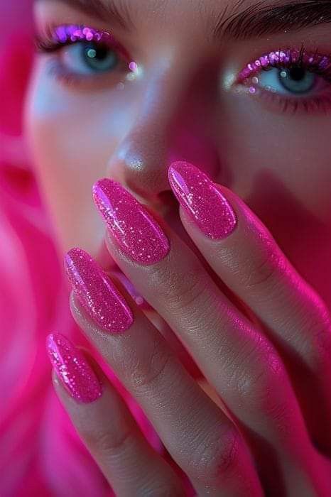 Classy Nail Ideas, Shimmery Nail Polish, Barbiecore Nails, Taylor Swift Nails, Nail Pink, Subtle Nail Art, Pink Glitter Wallpaper, Fruit Nail Art, Classy Nail