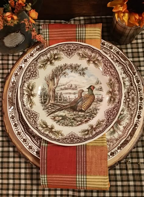 Fall pheasant placesetting with plaid napkin adds so much warmth to your Thanksgiving table. Spode Woodland, Fall Napkins, Fall Entertaining, Brown Transferware, Vintage Thanksgiving, Fall Thanksgiving Decor, Thanksgiving Table Settings, Fall Tablescapes, Thanksgiving Tablescapes