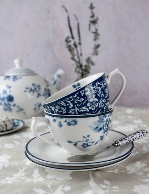 Laura Ashley Blue Print Collection Dinnerware on Table High Tea At Home, Laura Ashley Kitchen, Tea At Home, China Rose, Blue Cups, China Cups And Saucers, The Blueprint, China Cups, Porcelain Cup