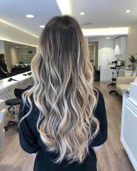 High Up Balayage, Blonde Ombre Brunette, Blond Ombre Hair Balayage, Cool Blonde Ombre Balayage, Black Hair Blond Balayage, Brunette Hair W Blonde Highlights, Balayage Hair Extensions Dark Roots, Dark Brown Balayage Hair Blonde, Black Blonde Hair Balayage