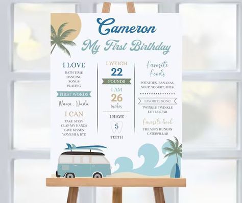 Surf Birthday Milestone Poster Surfer 1st Birthday Stats - Etsy | Etsy (US) Beach 1st Birthday Party Boy, 1st Bday Themes For Boys Summer, Hawaiian First Birthday Party Boy, First Birthday Summer Theme Boy, Surf First Birthday Party Boy, Summer Birthday Party Ideas For Boys, First Birthday Beach Theme, First Wave Birthday Party, Surfing Party Decorations