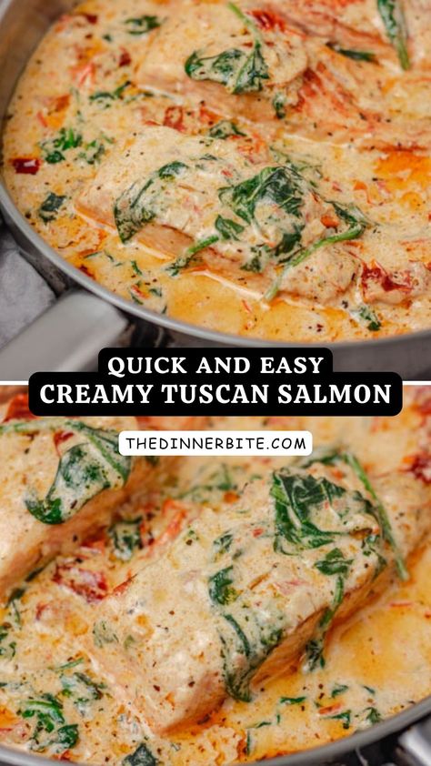 Experience the culinary magic of our Quick and Easy Creamy Tuscan Salmon. This recipe effortlessly brings you the heart of Italy's rich gastronomic heritage right at your kitchen table. The succulent salmon, smothered in luscious creamy sauce and accented with Tuscan herbs, is a dish that promises a feast of the senses. It's fast, it's easy, and it's a meal everyone in your family will look forward to. Dominican Salmon Recipe, Salmon Recipes Quick, Easy Salmon Meals Dinners, Salmon Recipes For High Cholesterol, Salmon Recipes With Tomatoes, Fast Fish Recipes, Salmon Peppers And Onions, Baked Salmon With Sauce, Tuscany Salmon Recipes