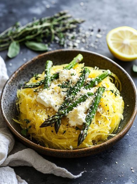 Tory Recipes | Lemon Spaghetti Squash with Asparagus, Ricotta, and Thyme | Facebook Lemon Spaghetti Squash, Ricotta Spaghetti Squash, Ricotta Spaghetti, Asparagus Ricotta, Roasted Spaghetti Squash, Lemon Spaghetti, Spaghetti Squash, Veggie Dishes, Lemon Juice