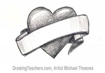 How to Draw a heart with banner Step 4 Heart With Ribbon Drawing, Heart With Ribbon Tattoo, Heart With Banner Tattoo, Love Letter Drawing Ideas, Drawing A Heart, Heart With Banner, Ribbon Lettering, Love Heart Drawing, Heart Sketches