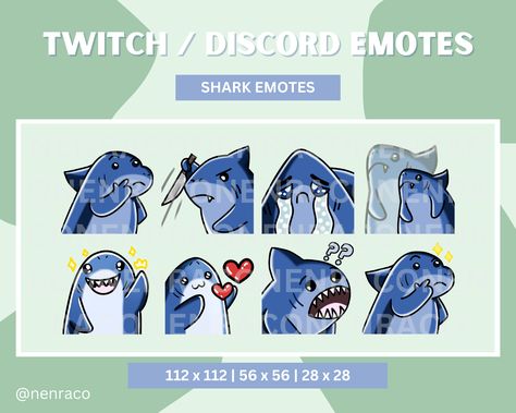 Cute shark emotes for your twitch/discord channel Unique Emojis, Emotes Discord, Discord Channels, Cute Shark, Twitch Emotes, Blue Shark, Submarine, Etsy Australia, Drawing And Illustration