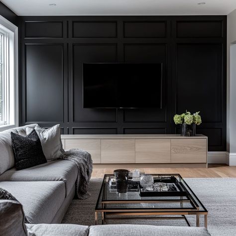 Black Tv Wall With Shelves, All Black Interior Design Living Rooms, Black Wall Behind Tv Living Room, Dark Tv Room Ideas, Black Shiplap Tv Wall, Black Wall With Tv, Black Accent Tv Wall, Tv Wall Basement, Accent Wall Tv Living Room