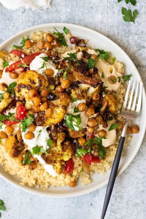 Chickpea Shawarma, Cauliflower Chickpea, Fluffy Quinoa, Shawarma Spices, Sautéed Veggies, Vegan Tzatziki, Homemade Tahini, Homemade Tzatziki, Healthier Meals