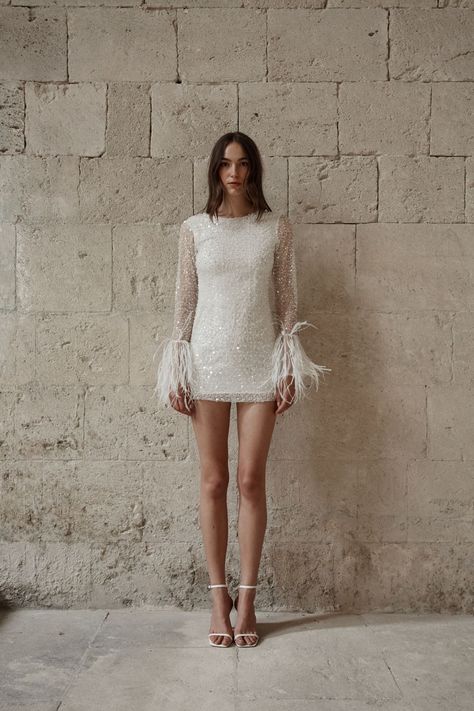 Wedding Dress For Women, Modern Bridal Gowns, Beaded Feather, Sequin Short, Wedding Dress Fabrics, Long Sleeve Sequin, Mini Robes, Modern Bridal, Sequin Shorts