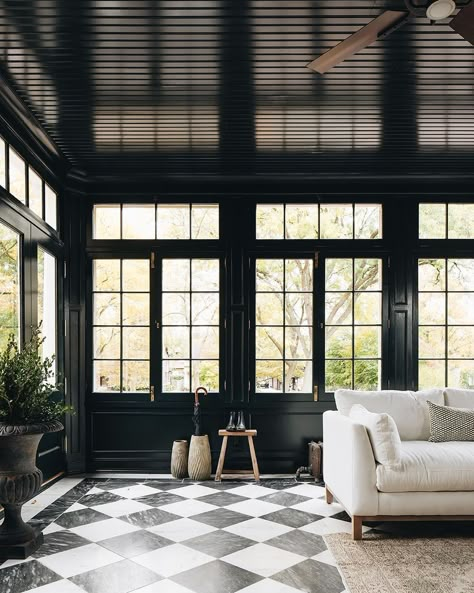 Jean Stoffer on Instagram: “The Madison sunroom. Many years ago I saw an ancient English conservatory with blackish green walls and windows and a black and white…” Black Sunroom, White Sunroom, Jean Stoffer Design, Jean Stoffer, White Marble Floor, Sunroom Designs, Black And White Tiles, Dark Walls, Black And White Marble