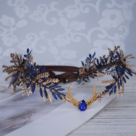 Rivendell Wedding, Gold And Royal Blue, Elf Crown, Moon Crown, Elven Crown, Sapphire Crown, Crystal Crowns, Moon Ornament, Fantasy Crown