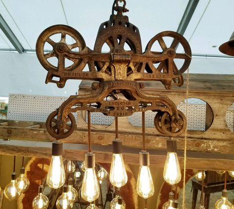 Hay Trolley Light, Hay Trolly Light Fixture, Hay Trolley Light Fixture, Round Top Texas Antiques, Camdenton Missouri, Hay Trolley, Windmill Ceiling Fan, House Basement, Factory Interior