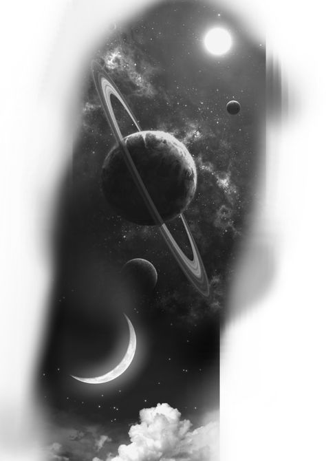 Realism Space Tattoo, Galaxy Tattoo Design Black And Grey, Cover Tattoo Ideas Black, Planets Tattoo Design, Galaxy Tattoo Design, Space Tattoo Designs, Planets Tattoo, Galaxy Tattoos, Galaxy Tattoo Sleeve