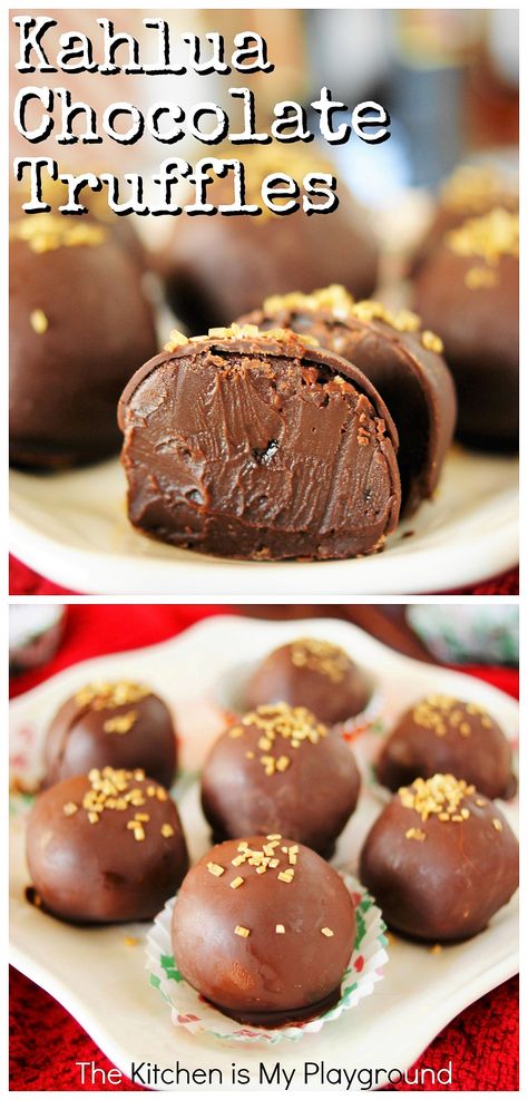 Kahlua Chocolate Truffles ~ With creamy Kahlua & chocolate centers, they're just the right indulgently delicious chocolate treat for the holidays -- or any time of the year! #Kahlua #truffles #chocolatetruffles #Christmas www.thekitchenismyplayground.com Kahlua Cookies Recipes, Callebaut Chocolate Recipes, Kahlua Cookie Recipes, Kahlua Recipes Desserts, Kahlua Truffles Recipe, Kahlua Balls No Bake, Kaluha Recipes Desserts, Rum Truffles Recipe, Hot Chocolate Cheesecake Truffles