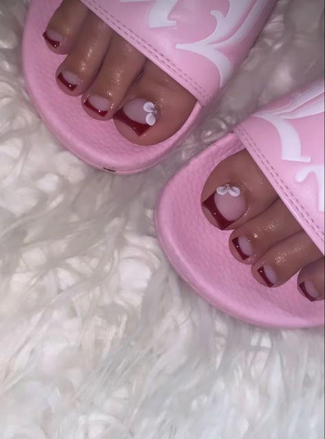 Burgundy French Tip Toes, Red French Pedicure, Pink Chrome Toe Nails, Red French Tip Nails Toes, Red Nails And Toes Matching, Red Pedicure Toenails, Red French Tip Toe Nails, Red Toenail Designs, Red Acrylic Toes