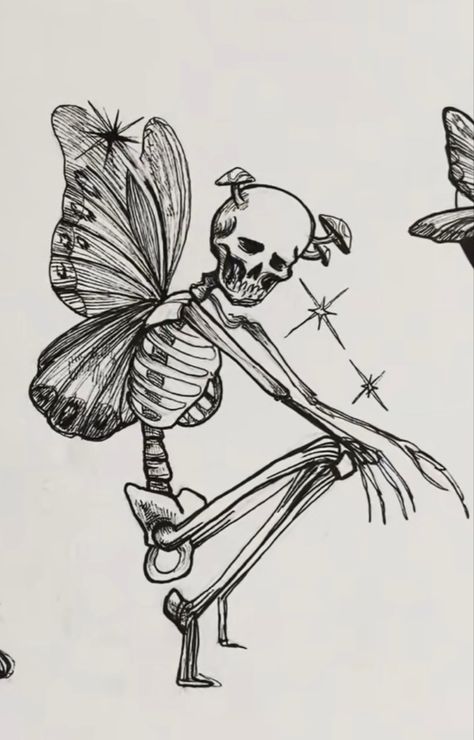 Skeleton Drawings, Mushroom Tattoos, Skeleton Tattoos, Spooky Skeleton, Spine Tattoos For Women, Creepy Tattoos, Cute Tiny Tattoos, Fairy Tattoo, Tattoo Art Drawings