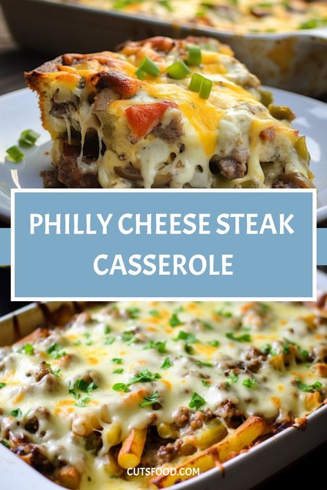 Philly Cheese Steak Casserole Philly Steak Casserole, Cheese Steak Casserole, Cheap Casserole Recipes, Dip Appetizers, Snicker Doodle, Rice Treats, Steak Casserole, Easy Casserole Dishes, Sautéed Onions