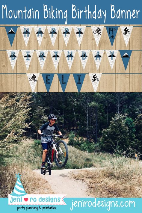 Mountain Bike Party Ideas, Mountain Bike Birthday Party, Bicycle Party, Bike Birthday Parties, Bike Party, Bike Birthday, Printable Birthday Banner, Banner Printable, Party Themes For Boys