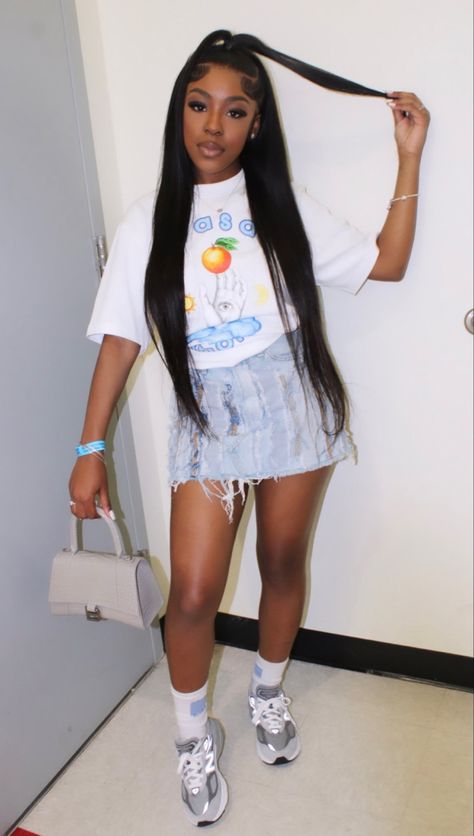 Grad Bash Fits, Designer Outfit Ideas Black Women, Offwhite Outfits For Black Women, Craft 5s Outfit, Jean Skirt And Graphic Tee Outfit, Designer Outfit Black Women, Cute Vacation Outfits Baddie, Cute Outfits For New York, Senior First Day Of School Outfit Black