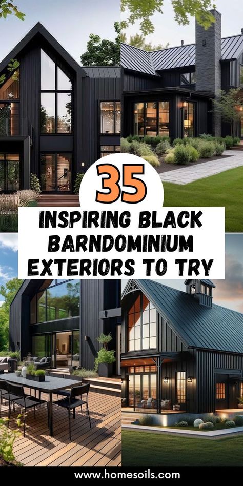 Discover 35 inspiring black barndominium exteriors that combine sleek style with rustic charm. Explore bold finishes, modern accents, and functional designs. Create a striking and elegant home that stands out in any setting. Black Metal Barndominium Exterior, House With Board And Batten Exterior, Dark Grey Barndominium Exterior, Black House With Wood Accents, Modern Red Brick House Exterior, Black Craftsman House, Black Barndominium Exterior, Black Exterior House, Modern Farmhouse Landscape