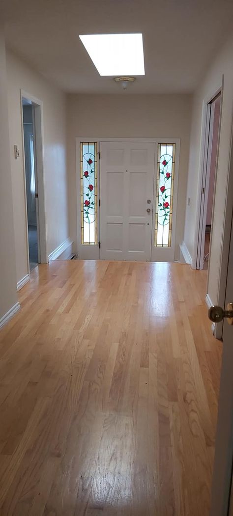 This is the before photo of our 25 year old oak floors which have turned an orangey color over the years. We recently bought our new to us 'retirement' sized home and we needed to renovate the floors within a two week period. Come visit and see what the floors look like before (left) and after the refinishing, sanding, staining and sealing. Don't forget to follow for updates :) #renovation #home #house #downsizing #retirement #refinishing #oak #floors #hardwood Refinished Floors Hardwood, Old Oak Floors Refinished, Before And After Hardwood Floor Refinish, Oak Floor Stains Before And After, Refinished Oak Floors Before And After, Refinish Hardwood Floors Before After, Refinished Wood Floors Before And After, Refinishing Engineered Hardwood Floors, Refinish Engineered Wood Floors