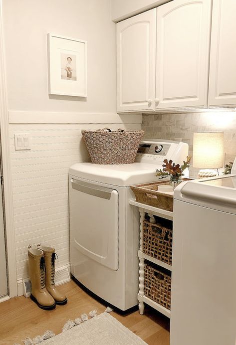 Our former laundry room got a marble mosaic backsplash, pale blue grey walls, and beadboard paneling - Hello Lovely Studio. Laundry Rooms With Beadboard, Laundry Room Ideas With Beadboard, Laundry Room Beadboard, Small Laundry Room With Beadboard, White Beadboard Laundry Room, Bead Board In Laundry Room, Laundry Room With Beadboard Walls, Bead Board Laundry Room Walls, White Beadboard Living Room