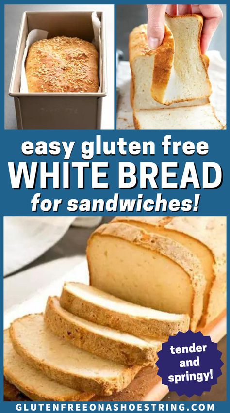 a loaf of golden bread cut into slices with each cascading down over the next slice Gluten Free White Bread, White Bread Sandwich, Bread For Sandwiches, Gluten Free Sandwich, Gluten Free Bread Recipe, White Sandwich Bread, Homemade Gluten Free Bread, Gluten Free Sandwich Bread, Gluten Free Sandwiches