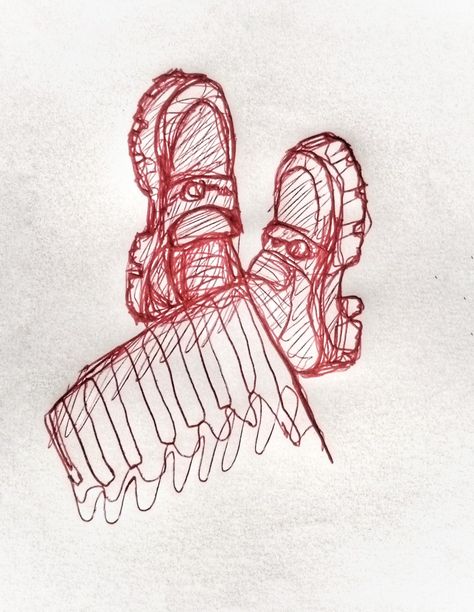 Rough Drawing Sketches, Red Pencil Sketch, Red Drawings Aesthetic, Red Pen Sketch, Red Pen Drawings, Red Sketch, Red Drawing, Easy Sketches, Drawing Shoes