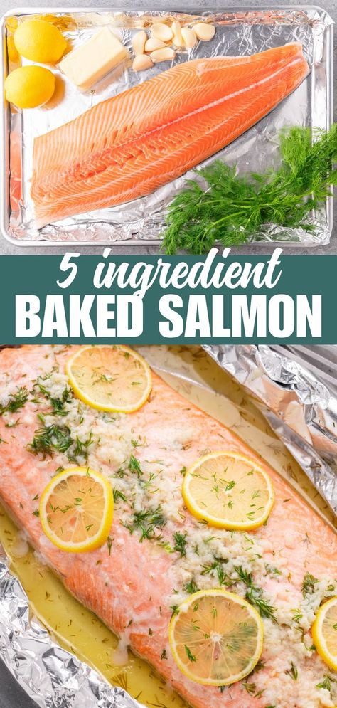 It doesn’t get much easier than this Easy 5 Ingredient Baked Salmon recipe with a garlic, lemon, and dill butter sauce. All it takes is 5 ingredients and 20 minutes of your time. So simple, so flavorful! Whole Salmon Recipe, Salmon Healthy Recipes, Tuna Stuffed Avocado, Baked Salmon Filets, Broiled Lobster Tails, Stay At Home Chef Recipes, Dill Butter, Salmon Recipes Oven, Whole Fish Recipes