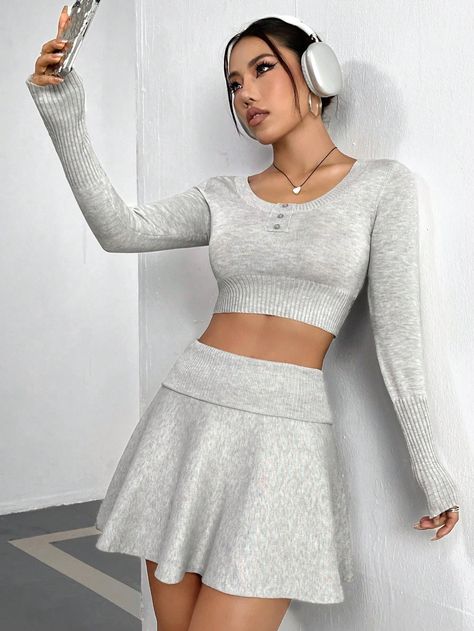 Grey Casual Collar Long Sleeve  Plain Skirt Embellished Medium Stretch  Women Clothing Sweater Two Piece Set, Grey Two Piece, Plain Skirt, Best Beard Styles, Solid Color Sweater, Color Sweater, Sweatpants Set, Co Ords, Women Sweater