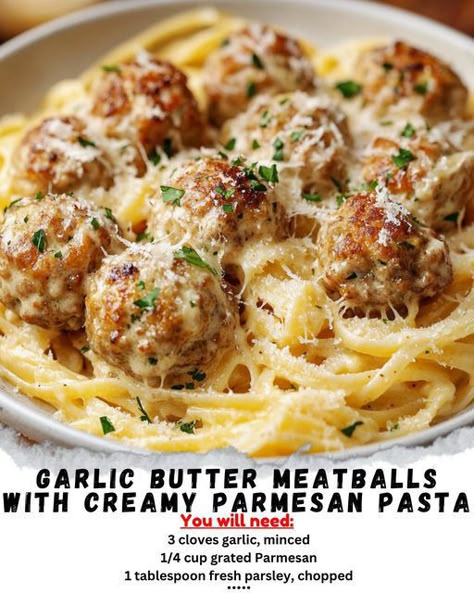 Garlic Butter Meatballs, Meatball Pasta Recipes, Butter Meatballs, Meatball Dinner Recipes, Creamy Parmesan Pasta, Meatballs Dinner, Easy Garlic Butter, Meatball Dishes, Juicy Meatballs