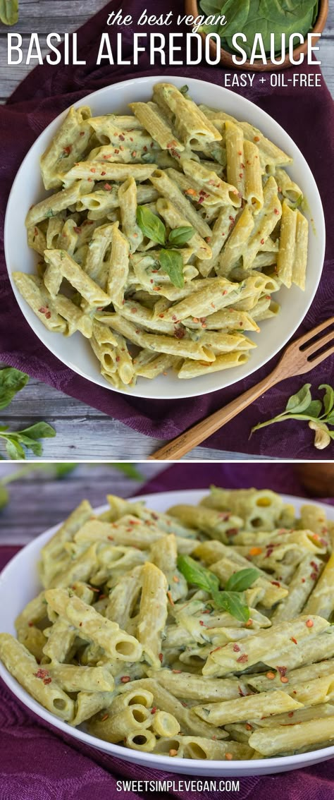 The Best Creamy Basil Alfredo Sauce {Oil- & Gluten-Free} + St. Patrick’s Day Recipe Round Up! -- Dare I say best? After one bite, you will know exactly why. #vegan #alfredo #sweetsimplevegan #glutenfree Basil Alfredo Sauce, Alfredo Sauce Easy, Alfredo Sauce Recipe, Vegan Italian, Vegan Pasta Recipes, Vegan Pasta, Alfredo Sauce, Vegan Foods, Vegan Eating