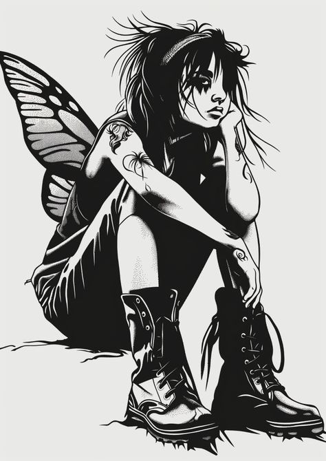 Woman With Butterfly Wings, Goth Drawings, Woman With Butterfly, Drawing Sitting, Minimalistic Black And White, Emo Fairy, White Sketches, Black And White Boots, Inspirational Digital Art