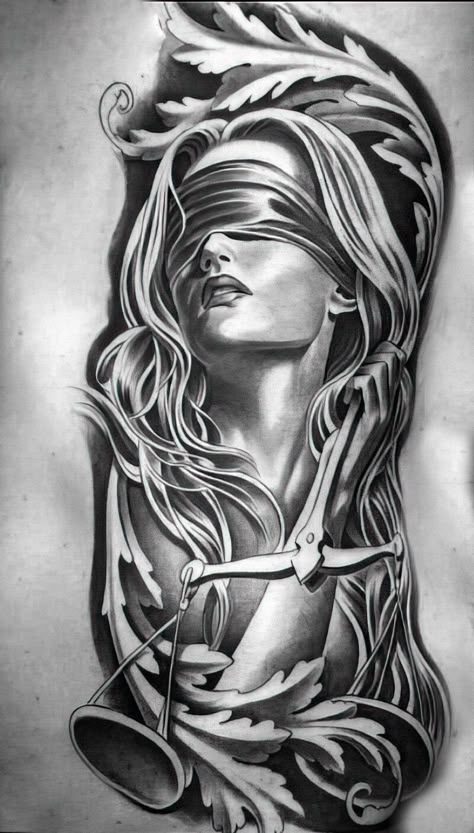 Lady Justice Tattoo, Mens Side Tattoos, Tato Realis, Justice Tattoo, Libra Tattoo, Scale Tattoo, Kunst Tattoos, Lady Justice, Tattoo Designs For Men