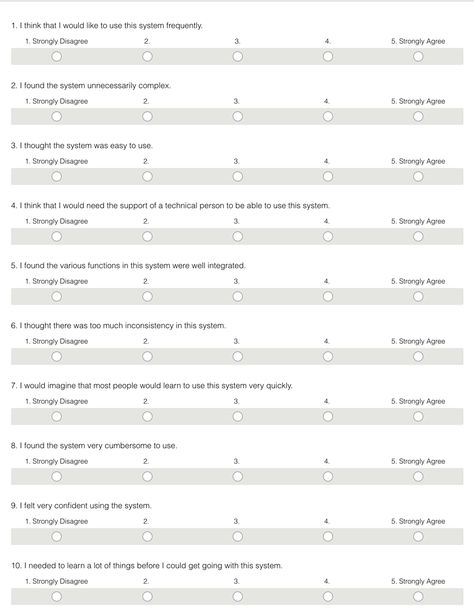 SUS questionnaire showing all 10 Likert-scale questions Likert Scale Questionnaire, Questionnaire Design, Questionnaire Template, Quiz Design, Usability Testing, Website Layout, Design Research, Email Design, Ux Design