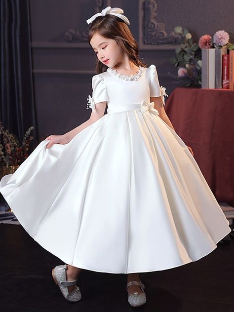 A-Line/Princess Satin Bowknot Jewel Short Sleeves Tea-Length Flower Girl Dresses Tea Length Flower Girl Dress, Gia Dress, Satin Flower Girl Dress, Princess Flower Girl Dresses, Jewel Dress, Girls Dresses Online, White Flower Girl Dresses, Princess Ball Gowns, Satin Short