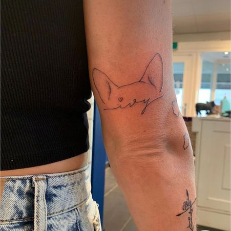 Dog Ear Tattoo Back Of Arm, Tattoo Idea Dog, Boxer Ears Tattoo, Tattoo Ideas For Your Dog, Tattoos For My Dog, Creative Dog Tattoos, Tattoo For Dogs Ideas, Tattoo For Your Dog, Dog Tattoo For Men