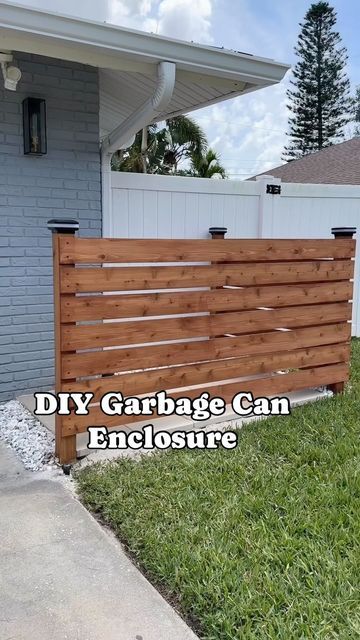 Ashley French | DIY on Instagram: "DIY Garbage Can Enclosure - my most liked project from 2023!🤩 Comment FENCE below and I will send you the step by step directions on how we built it with the supply list right to your DMs! This is definitely the most practical and used project we have ever done and we are so happy we did it! . #homeimprovement #homerenovation #landscaping #exteriordesign #hardscape #diy #diyhome" Diy Garbage Can, Garbage Can Enclosure, Privacy Fence Landscaping, Hide Trash Cans, Diy Privacy Fence, Vinyl Privacy Fence, Outdoor Trash Cans, Diy Fence, Fence Landscaping