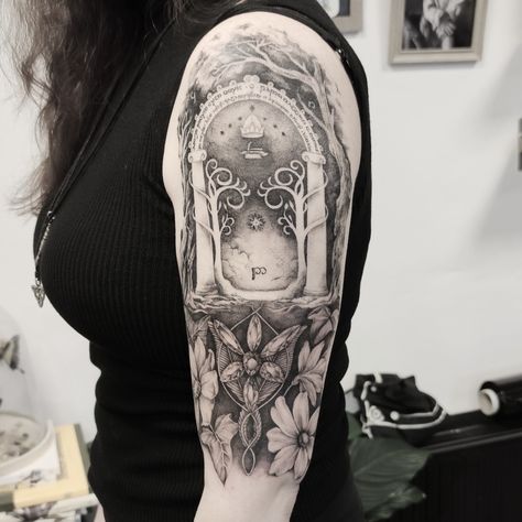 Lord Of The Rings Full Sleeve Tattoo, Evenstar Tattoo With Flowers, Lord Of The Rings Forearm Tattoo, Lotr Tattoo Narsil, Lord Of The Rings Arm Tattoo, Mines Of Moria Tattoo, Doors Of Durin Tattoo, Moria Tattoo, Lord Of The Rings Sleeve Tattoo