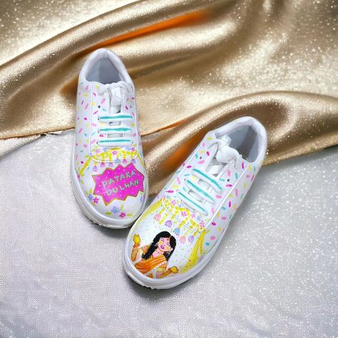 Introducing our signature Mehndi and Haldi Sneaker. Patrakar Dulhan Sneaker. Dm to order. #dulhan #pataka #wedding #bride #Indian Check out buying link in BIO. Hand Painted Sneakers, Bride Sneakers, Bride Indian, Bridal Sneakers, Painted Sneakers, Wedding Bride, Link In Bio, Hand Painted, Sneakers