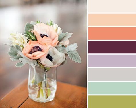 Plum peach and mint color palette Plum Color Palette, Mint Bouquet, Peach Baby Shower, Dusty Peach, Bedroom Colour Palette, Bathroom Color Schemes, Brand Color Palette, Martha Stewart Weddings, Live Colorfully