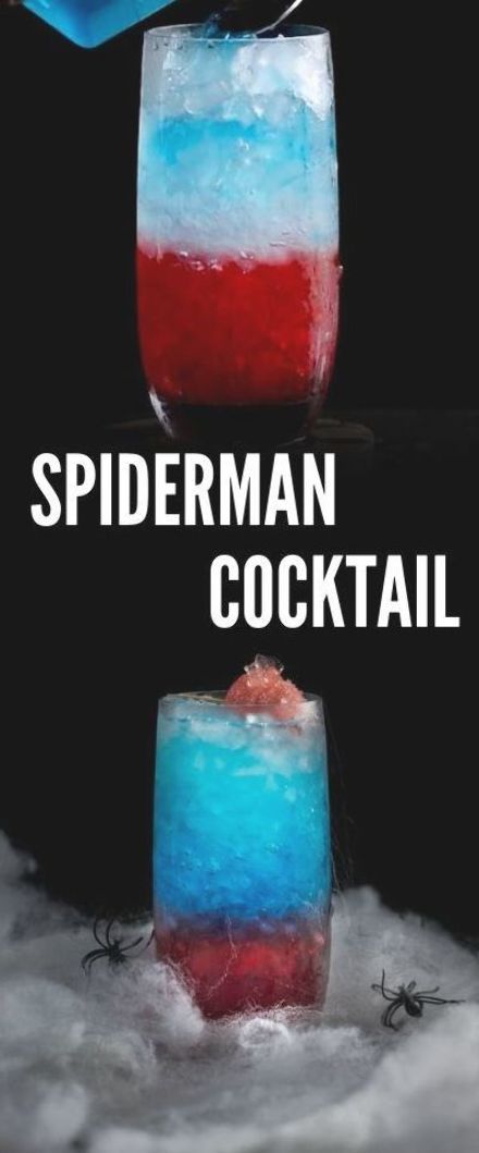 Layered Spiderman Cocktail Spiderman Cocktail, Marvel Cocktails, New Spiderman Movie, New Spiderman, Easy Alcoholic Drinks, Layered Drinks, Mocktail Recipes, Blue Drinks, Liquor Drinks