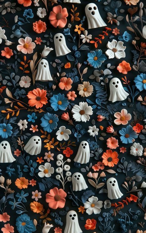 Fall Halloween Iphone Wallpaper, Phone Pattern Wallpaper, Ghost And Flowers Wallpaper, Floral Ghost Wallpaper, Spooky Fall Wallpaper Iphone, Spooky Cute Aesthetic, Cute Ghosts Wallpaper, Cute Fall Phone Wallpaper, Fall Ghost Wallpaper