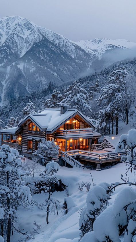 Cabin In Mountains With Snow, Winter Snow Cabin, Winter Cabin Exterior, Snow Scenes Winter Landscape, Cabin In Mountains, Snowy Mountain Cabin, Winter Cabin In The Woods, Snowy Cabin In The Woods, Cabin Snow